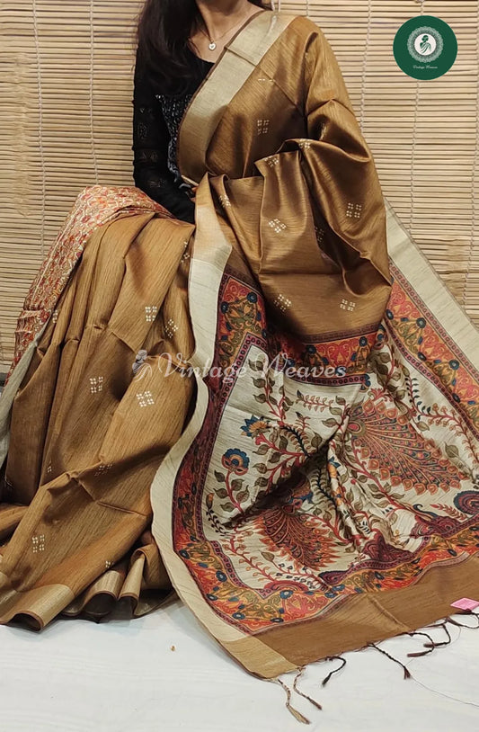 Soft Khadi Raw Silk Saree With Madhubani Printed Pallu-Coffee Brown