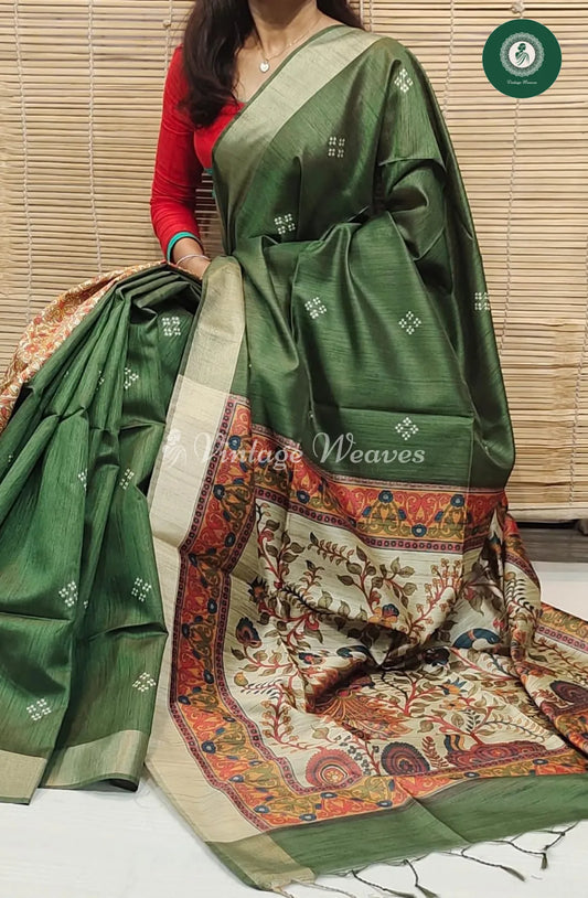 Soft Khadi Raw Silk Saree With Madhubani Printed Pallu-Green