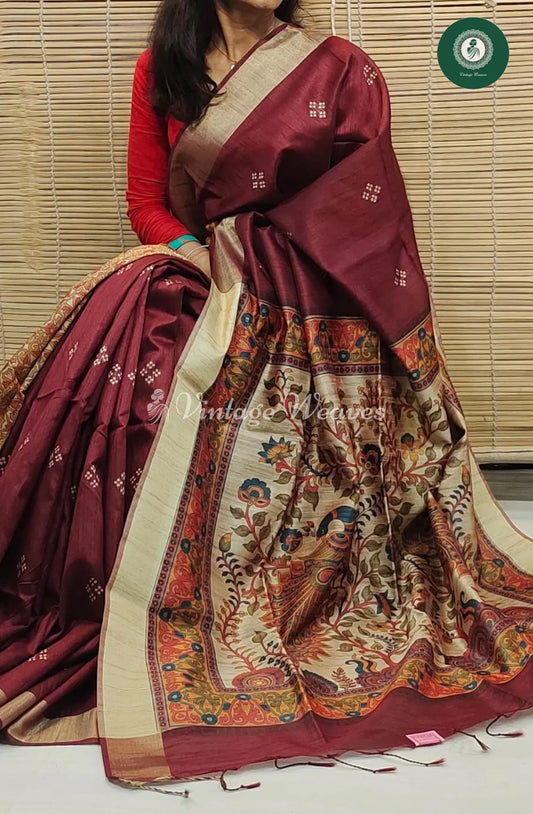Soft Khadi Raw Silk Saree With Madhubani Printed Pallu-Marron