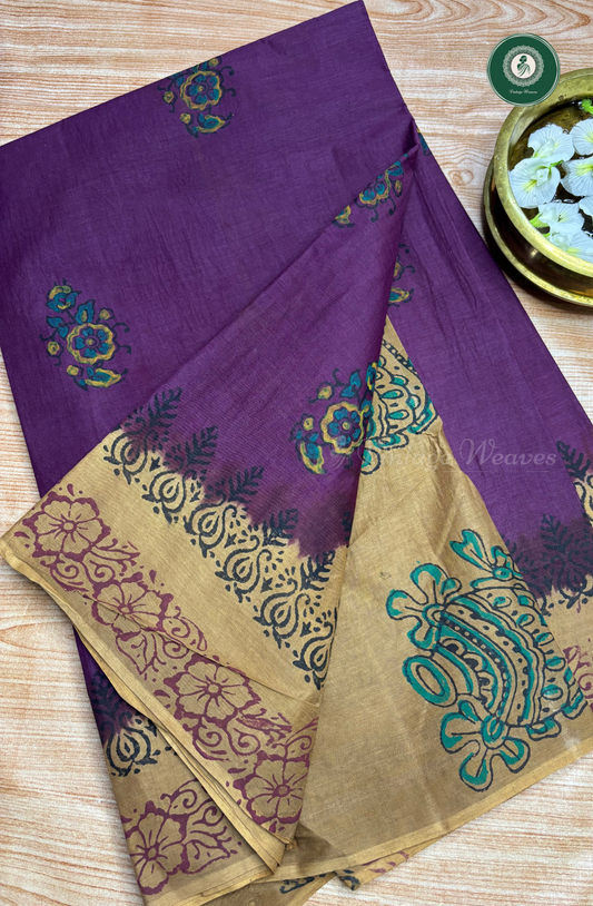 Traditional Printed Pure Cotton Saree - Violet