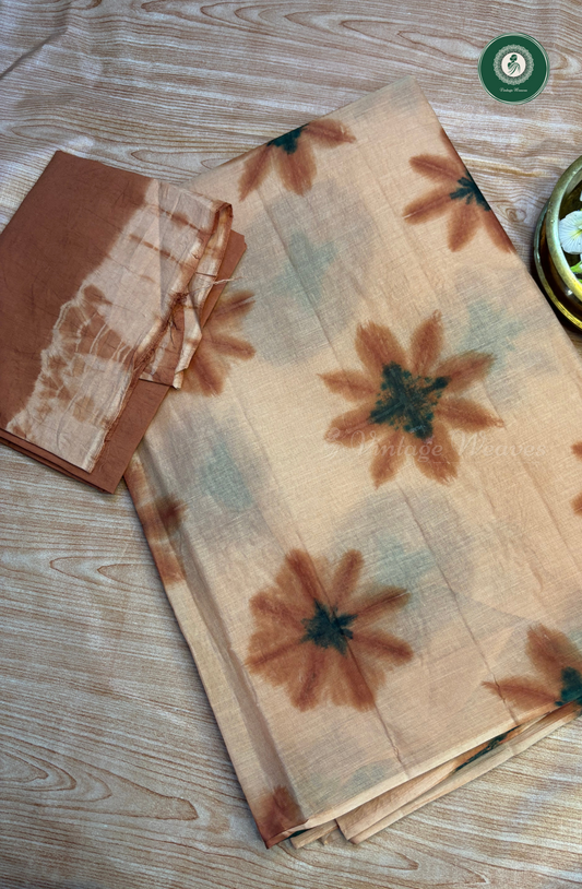 Traditional Printed Pure Cotton Saree - Light Brown