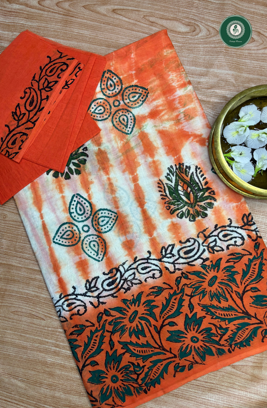 Traditional Printed Pure Cotton Saree - Orange