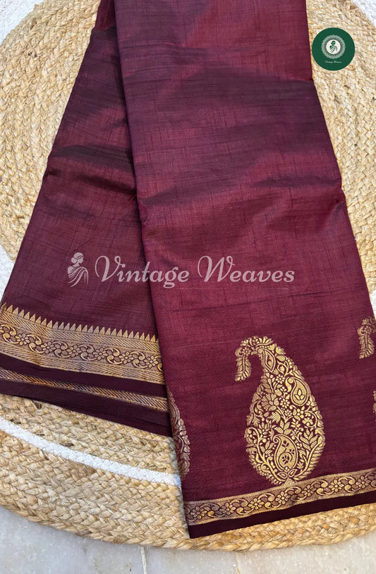 Tusser Silk Saree With Mango Border-Maroon