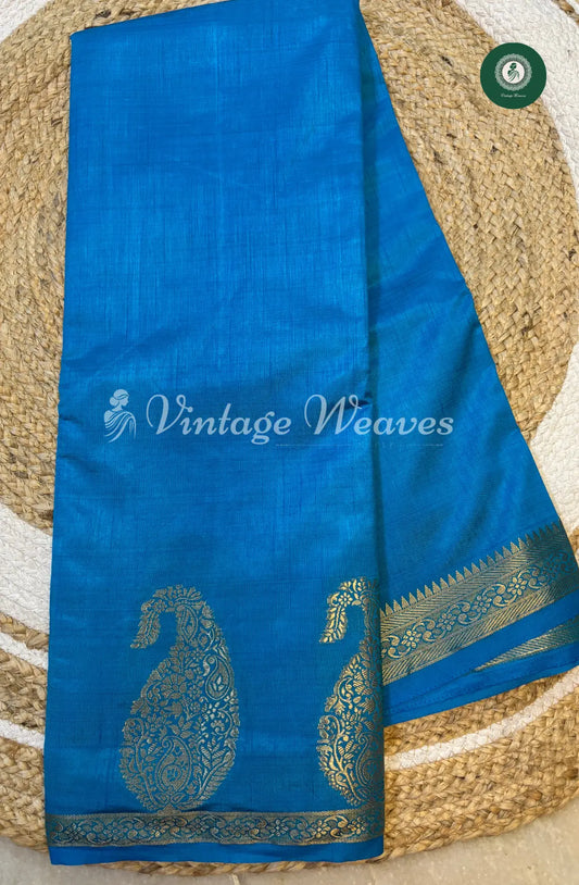 Tusser Silk Saree With Mango Border-SkyBlue