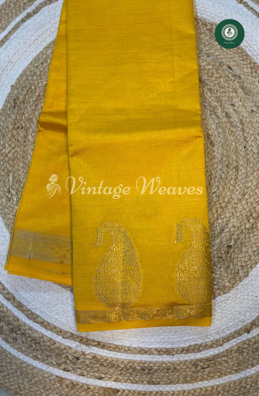 Tusser Silk Saree With Mango Border-Yellow