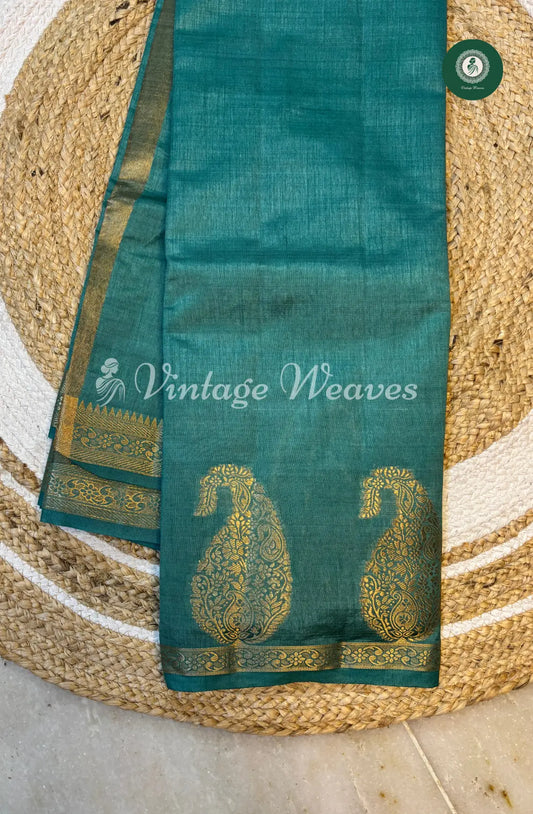 Tusser Silk Saree With Mango Border-RamaGreen