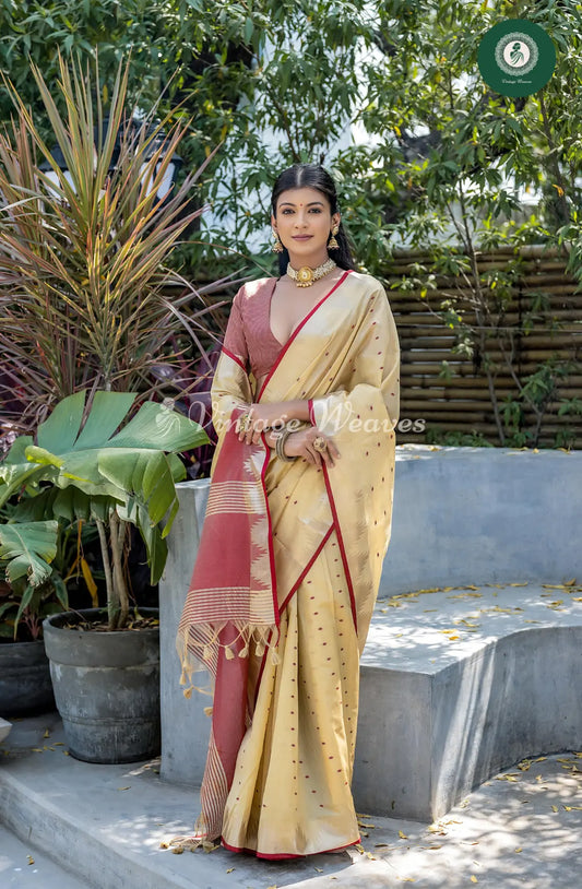 Tusser Silk Saree With Temple Border-Cream