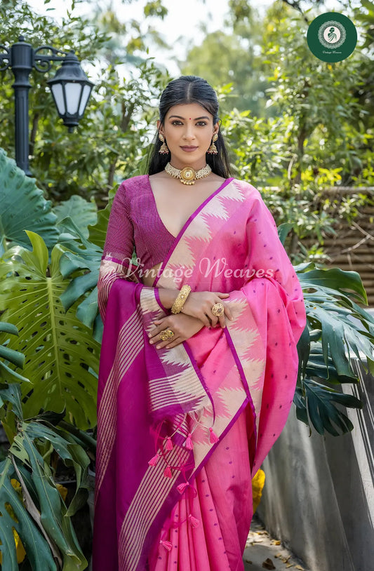 Tusser Silk Saree With Temple Border-Pink