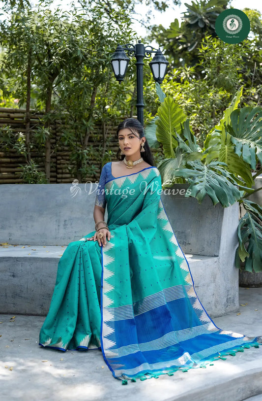 Tusser Silk Saree With Temple Border-RamaGreen