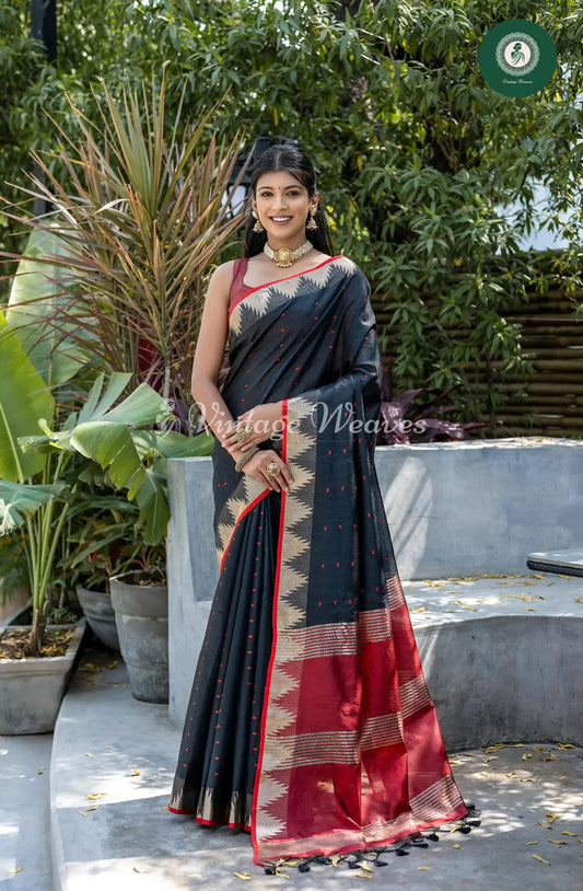 Tusser Silk Saree With Temple Border-Black