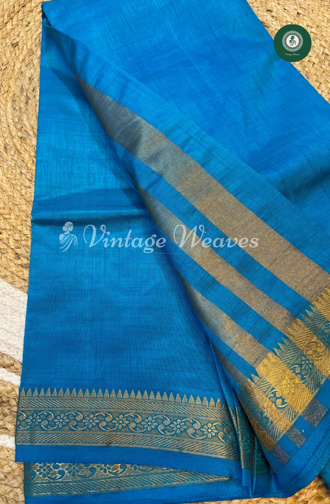 Tusser Silk Saree With Mango Border-SkyBlue