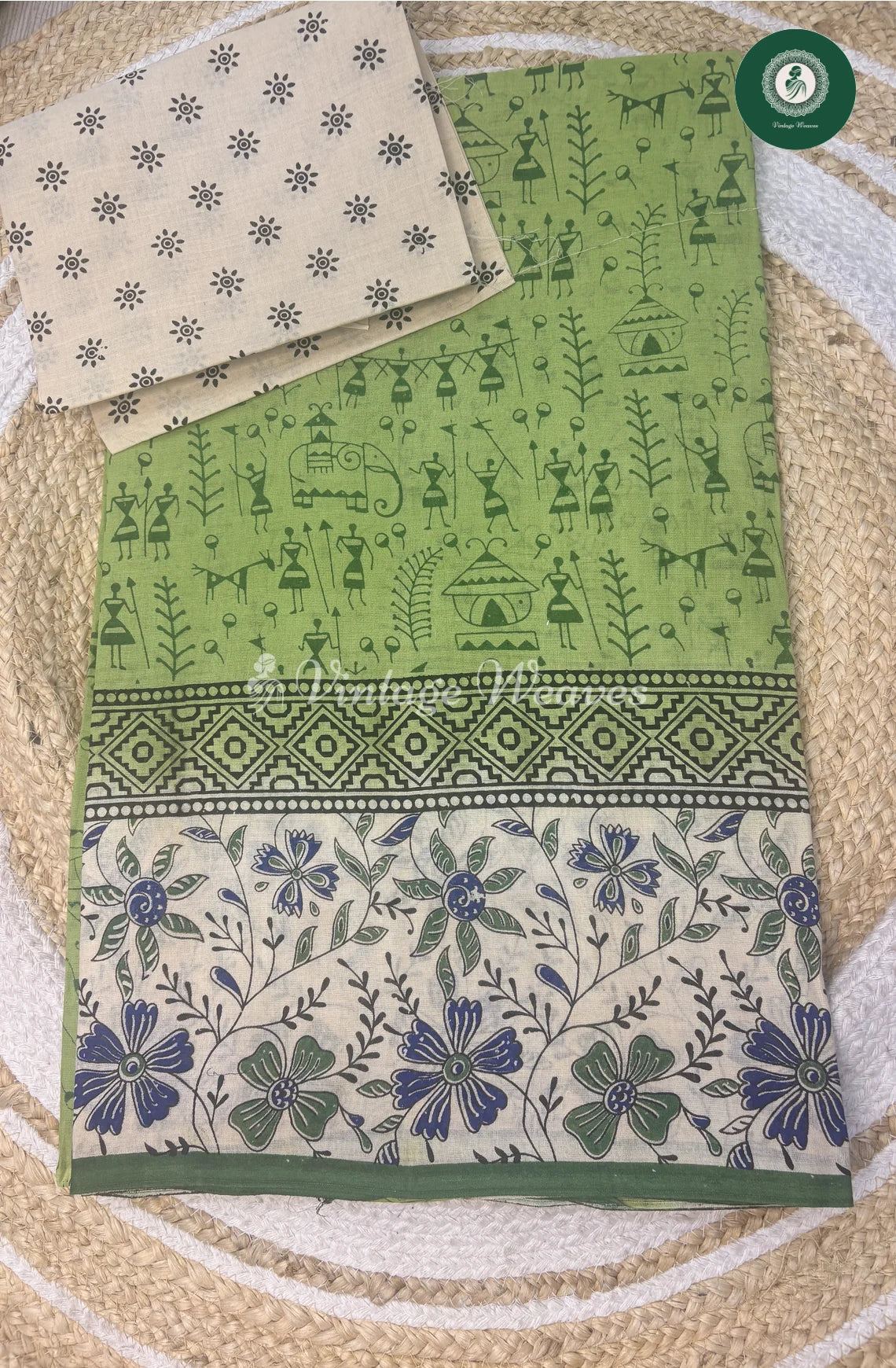 Varli Printed Cotton Saree -Green