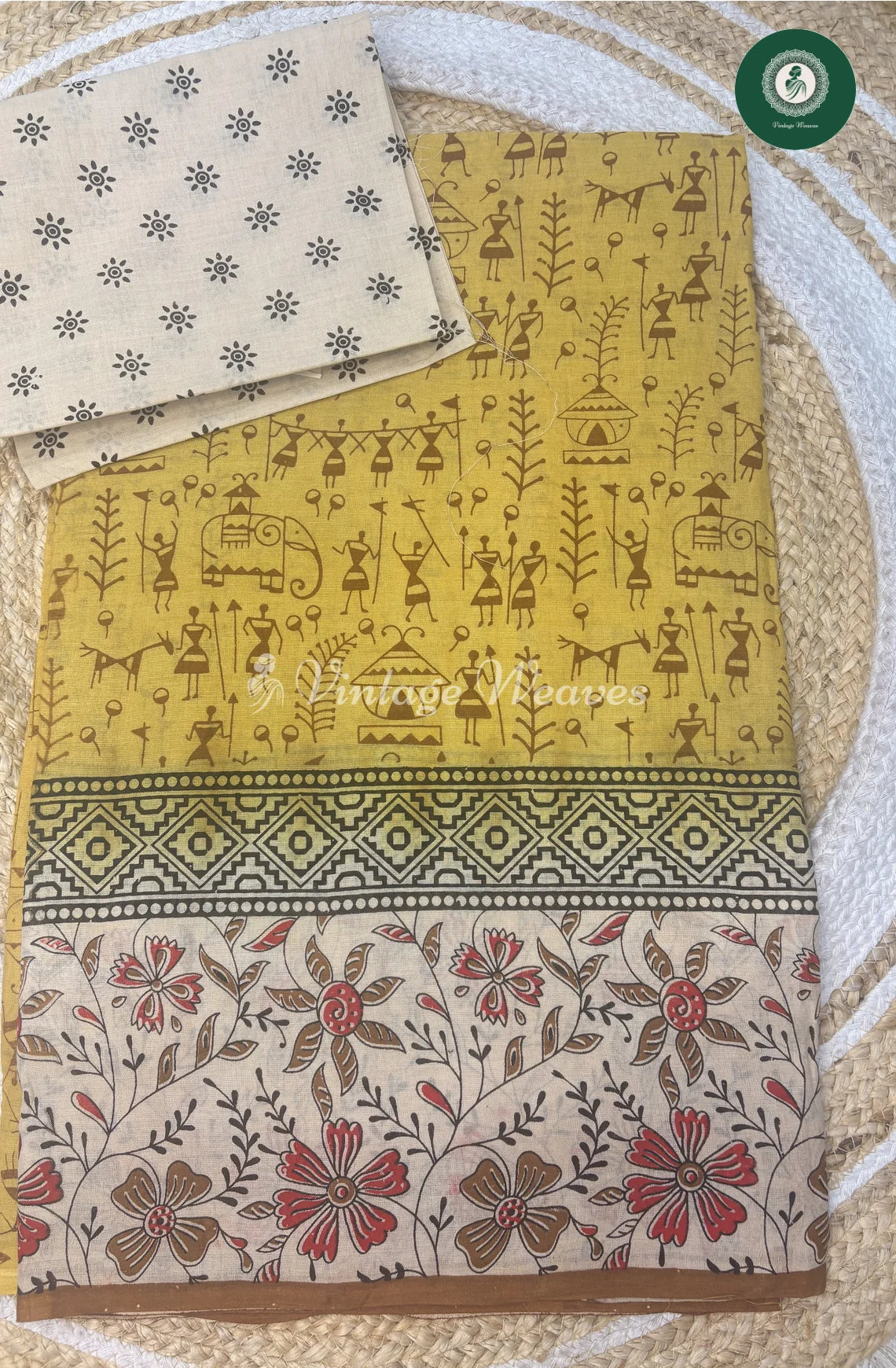 Varli Printed Cotton Saree -GreenishYellow