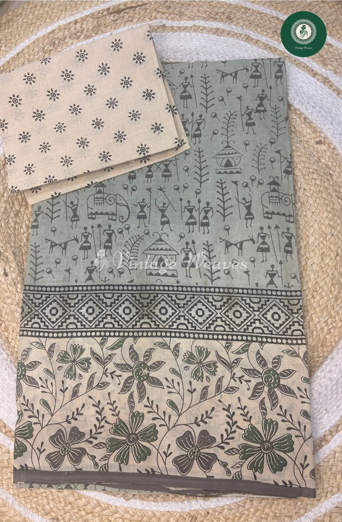 Varli Printed Cotton Saree -Grey