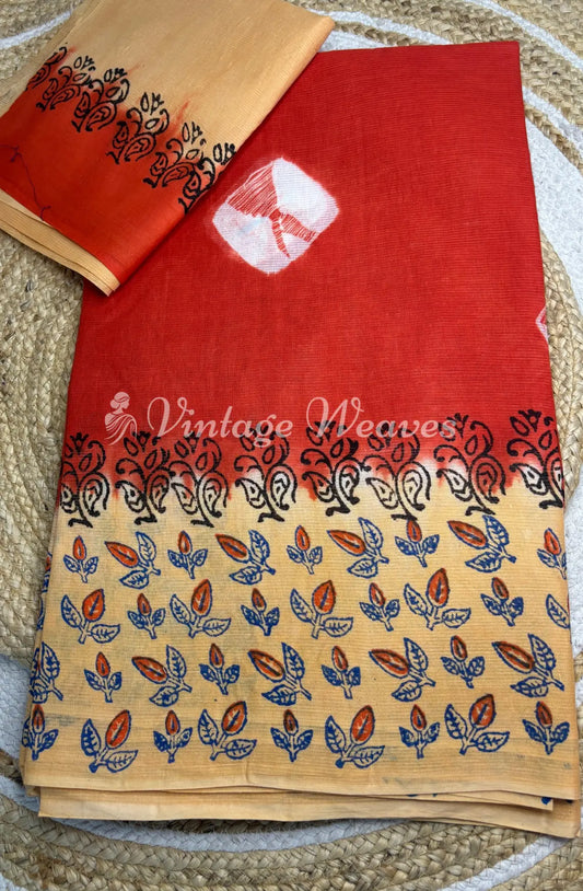 Vasundra Cotton Saree-Orange with Skin
