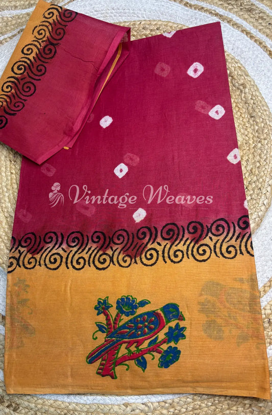 Vasundra Cotton Saree-Red with Skin