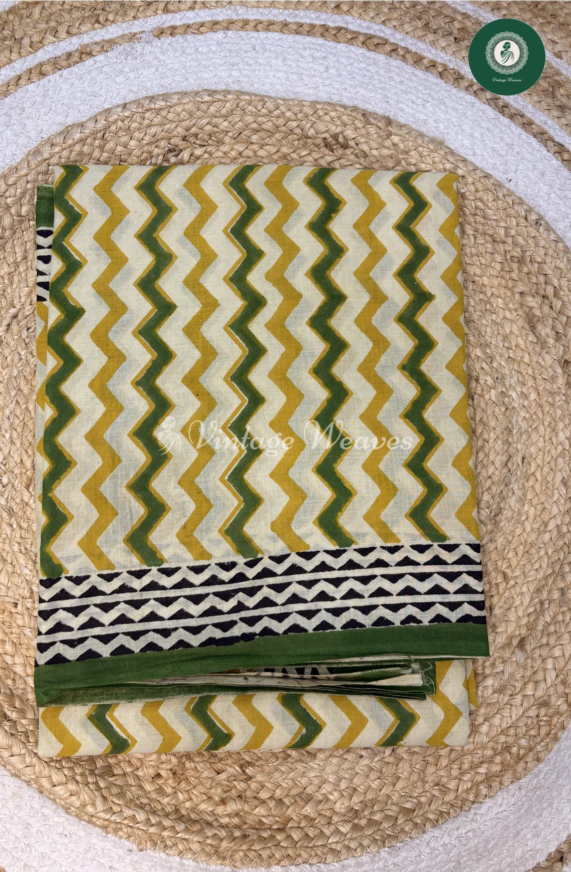 ZigZag HandBlock Printed Mul Cotton Saree-Yellow_1