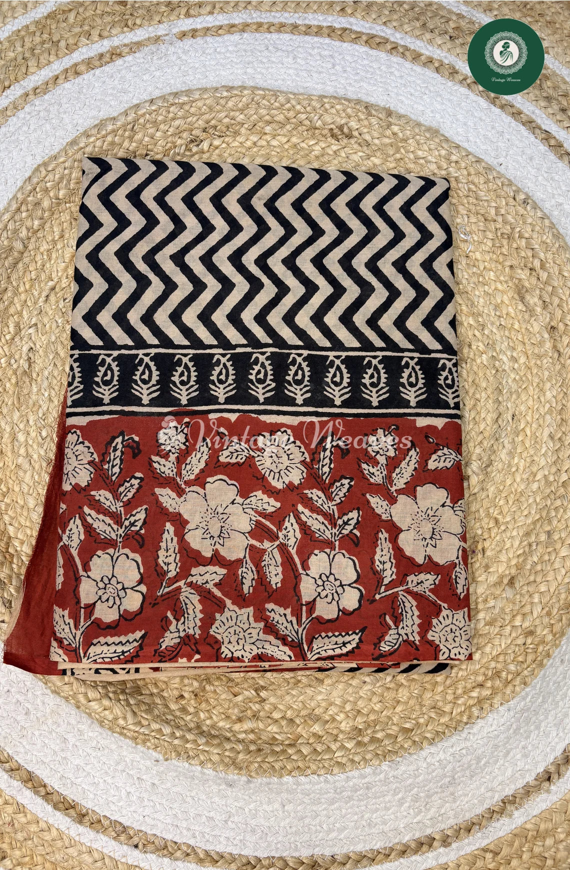 ZigZagHandBlock Printed Mul Cotton Saree with FlowerBorder
