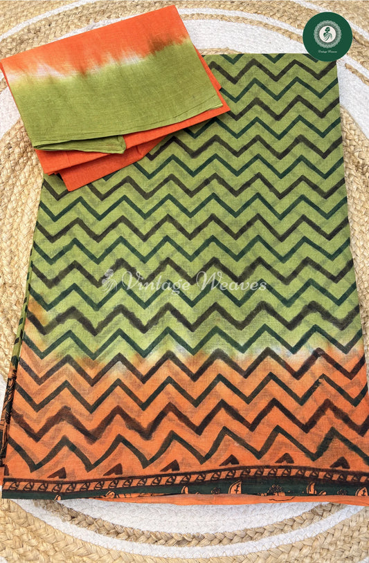 ZigZag Printed Cotton Saree-Green