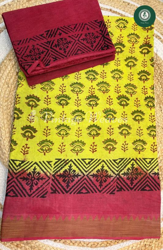 kota Cotton Saree with Flower Print- Yellow