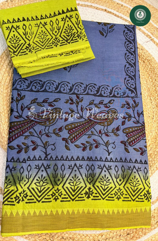 kota Cotton Saree with Printed body- Blue