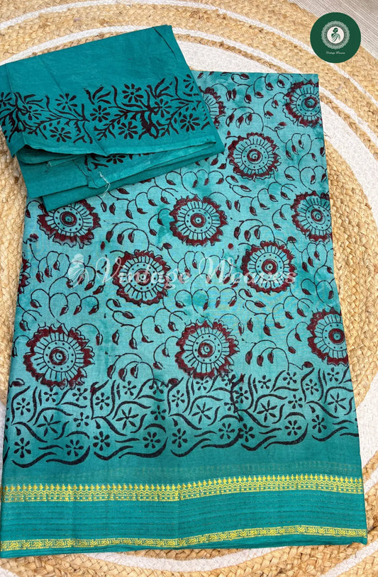 kota Cotton Saree with Printed body-Blue1