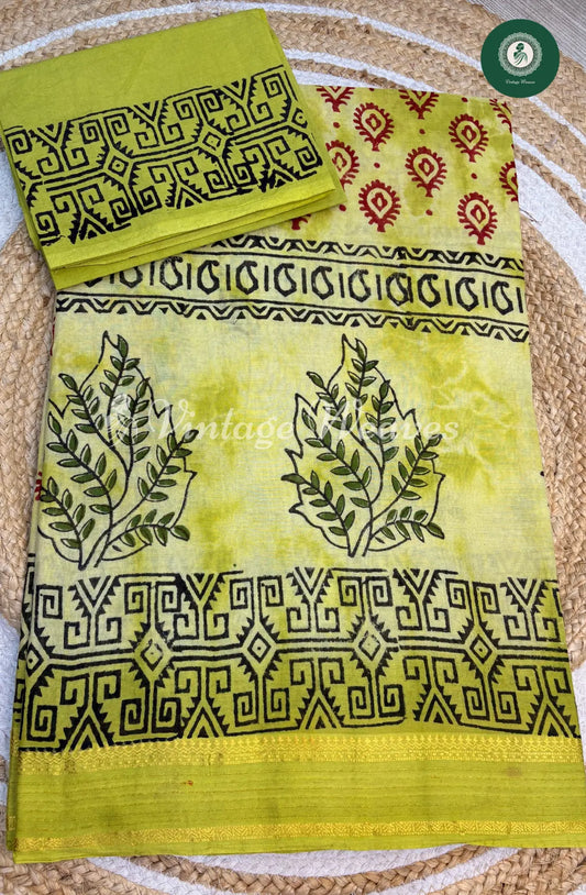 kota Cotton Saree with Printed body-LightGreen1