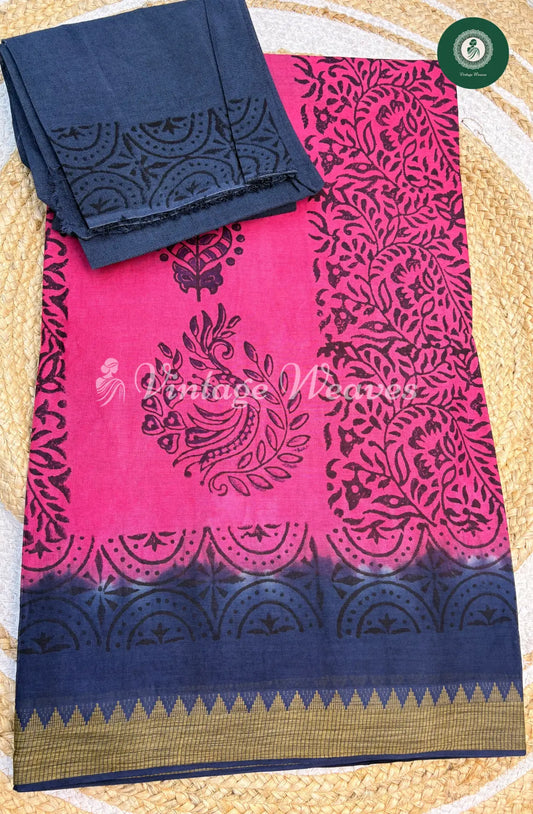 kota Cotton Saree with Printed body-Pink