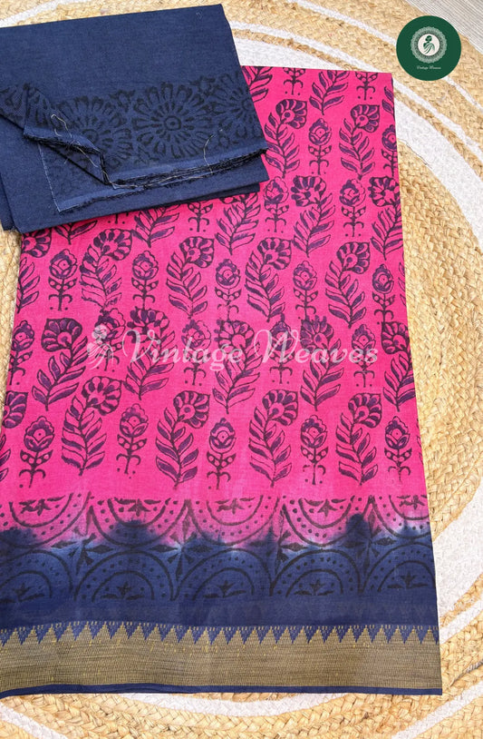 kota Cotton Saree with Printed body-Pink with Blue